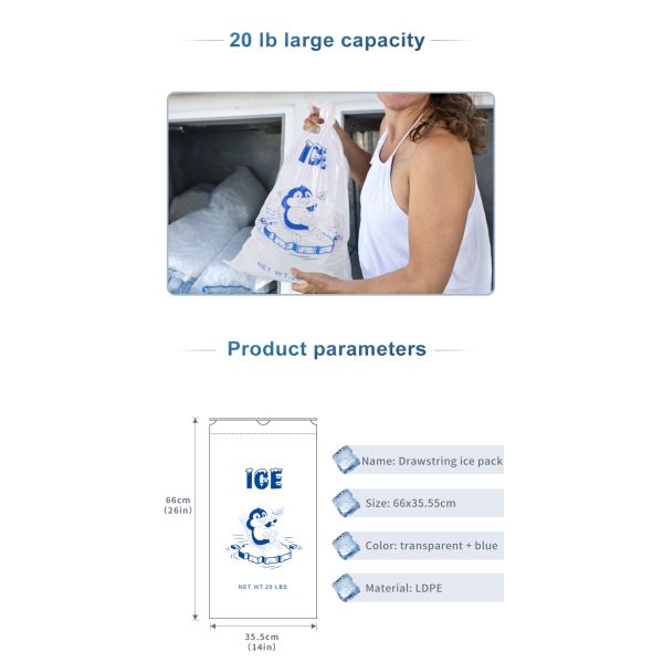 20lb LDPE Durable Ice Block Plastic Bags Heat Seal With Drawstring Closure