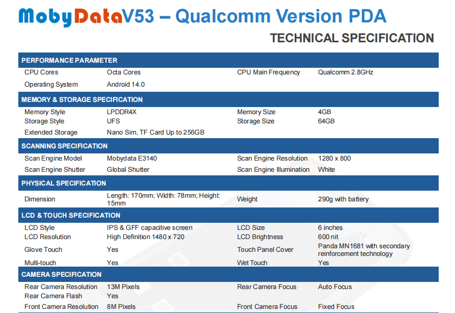 Mobydata V53 – Qualcomm Version octa-core processor up to 2.8 GHz PDA