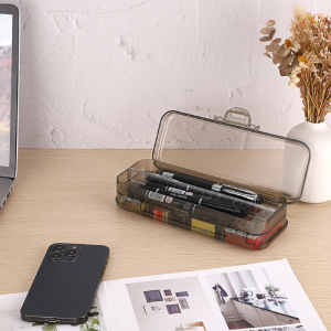 Double Deck Pencils Box Clear Plastic Stationery Box Removable Ruler Dividing Spacers Multi-Grid Home Utility Box