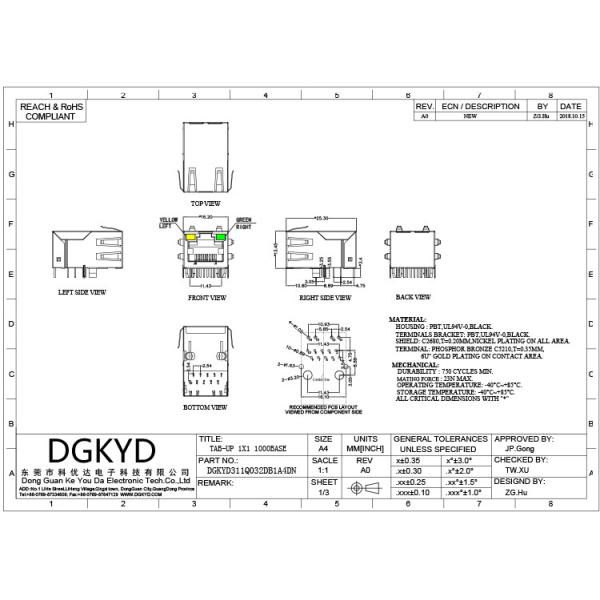 DGKYD311Q032DB1A4DN Tab Up 1000 Base-T 8P10C Ethernet Modules Integrated Magnetic