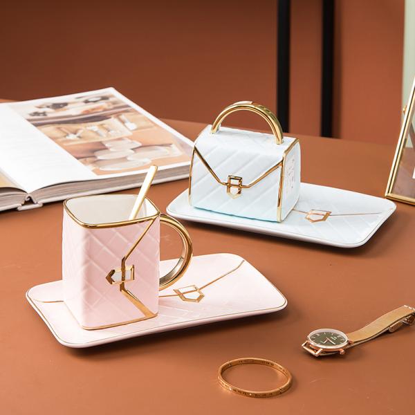 Custom Luxury Ceramic Mug With Spoon Gold Handle 310ml Capacity