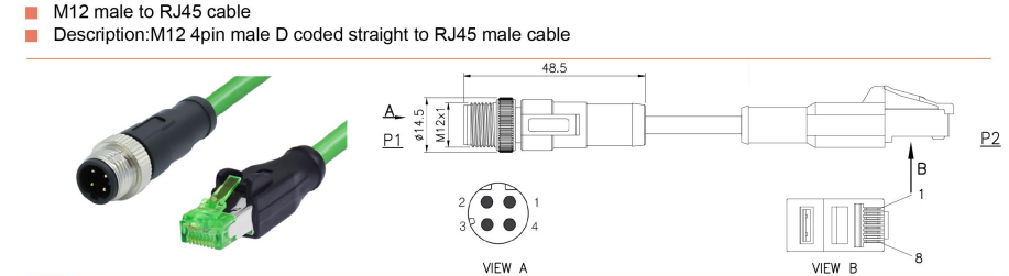 Waterproof Cable 4 Pin D Coded M12 To Rj45