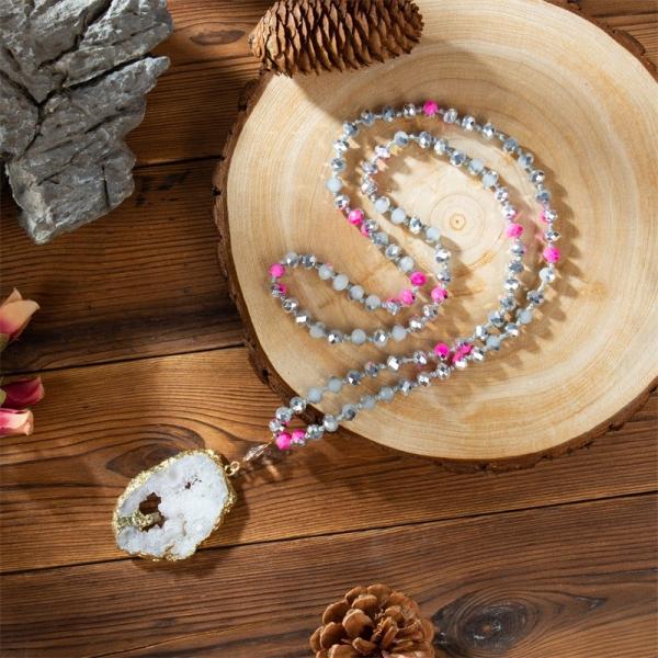 Semi Precious Druzy Pendant Glass Beads Handmade Necklace Metallic Color