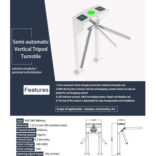 Access Control Vertical Tripod Turnstile Bi Direction Foot Detachable