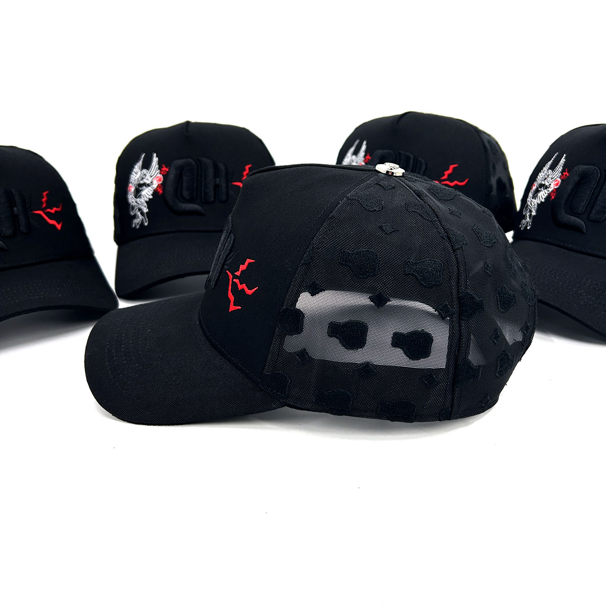 Full Embroidery Mesh Cotton 5 Panel Trucker Cap Patch Curved Brim Gorras Snap Back