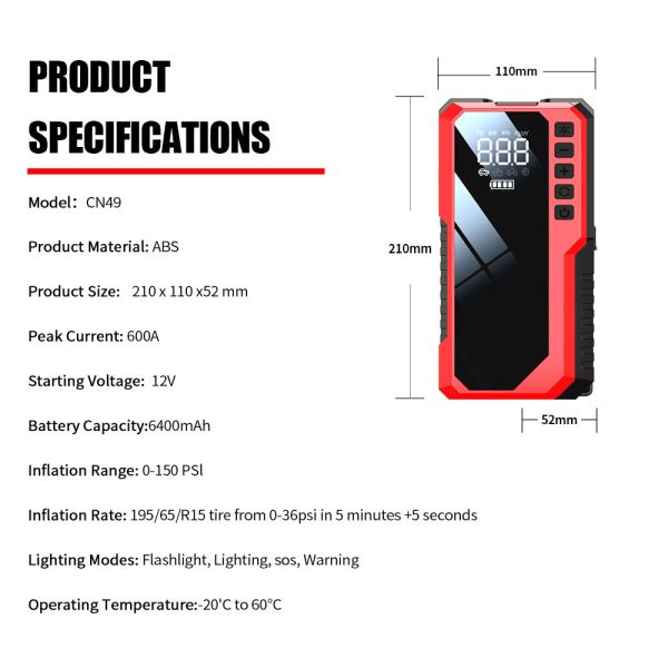 Car Battery Charger Car Jump Starter Pack Multi Function Air Compressor Jump Starter 6400mAh 8000mAh 12V