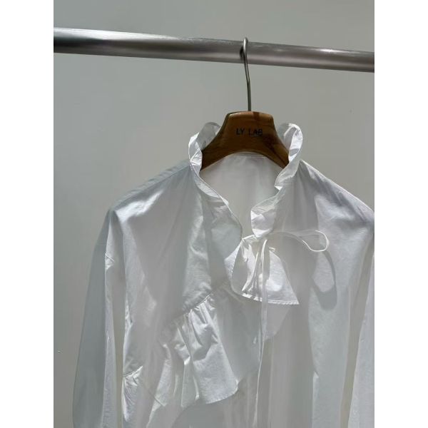 Spring And Summer Thin White Sky Blue 100% Pure Cotton Ruffled French Shirt