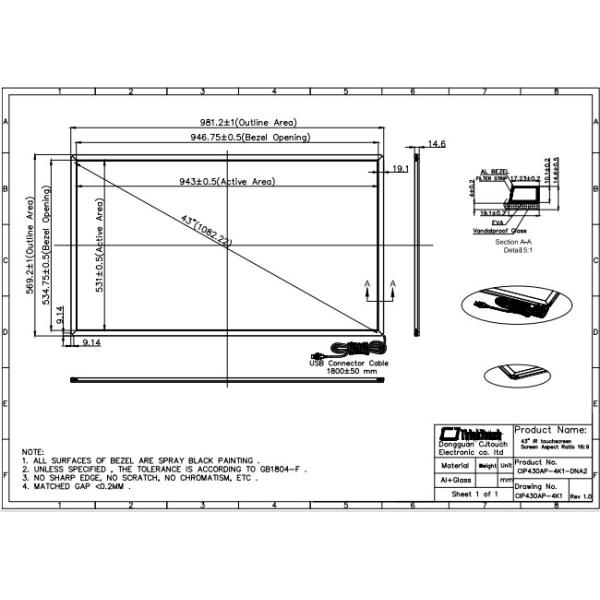 43" Industrial Infrared Multi Point Touch Screen Kit With USB Connector
