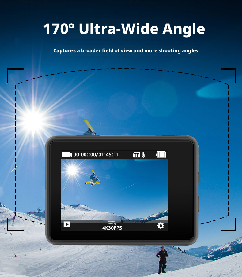 4K Action Camera Slow Motion Camera Time Lapse Camera for Skiing Outdoor Adventure 170° Angle Camera 30m Waterproof Camera Wifi