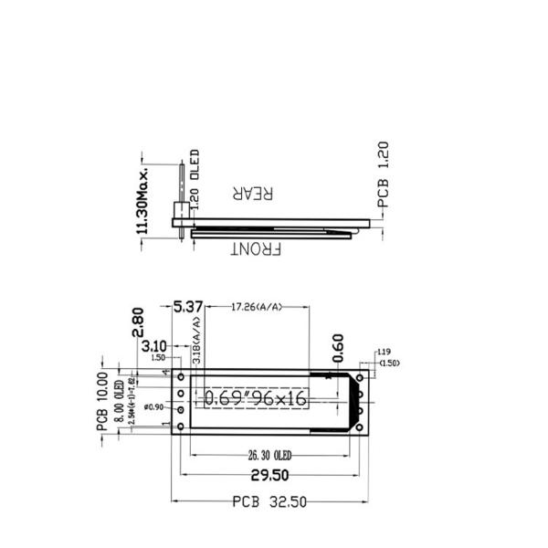 0.69 Inch PMOLED Display Module With PCBA 96x16 Resolution 4 Pins IIC Interface