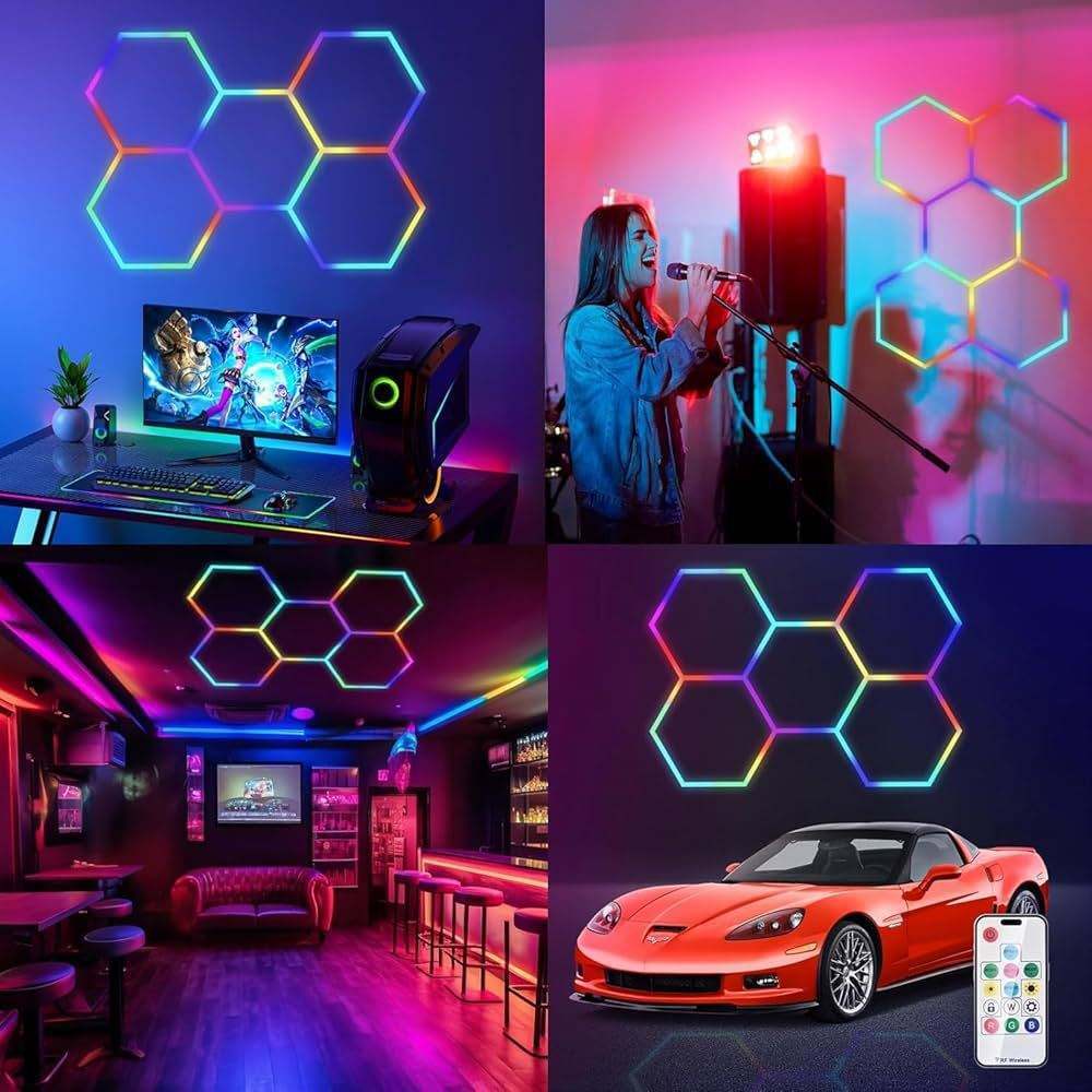 RGB LED Hexagonal Light Modular Honeycomb Ceiling Lighting System Designed for Garage Gym Workshop Office and Easy Mounting