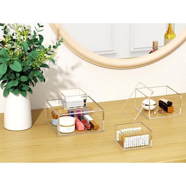 Acrylic Box With Lid, Clear Cube Display Case, Multi-Purpose Box Square Container For Holding Staples, Highlighters, Adhesive Tape, Paper Clips,