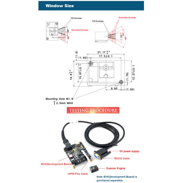 1D 2D Mini Barcode Scanner Module TTL232 USB RS232 752×480 CMOS Red LED 625nm