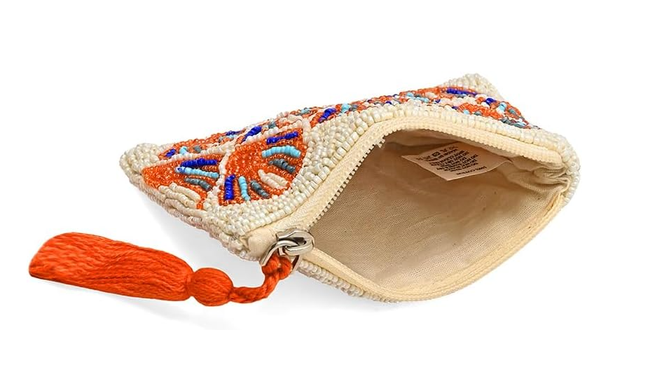 America & Beyond Seashell Pattern Beaded Coin Pouch || Hand-Beaded Shell Purse|| Zip Coin Purse for Women|| Coastal Mini Pouch
