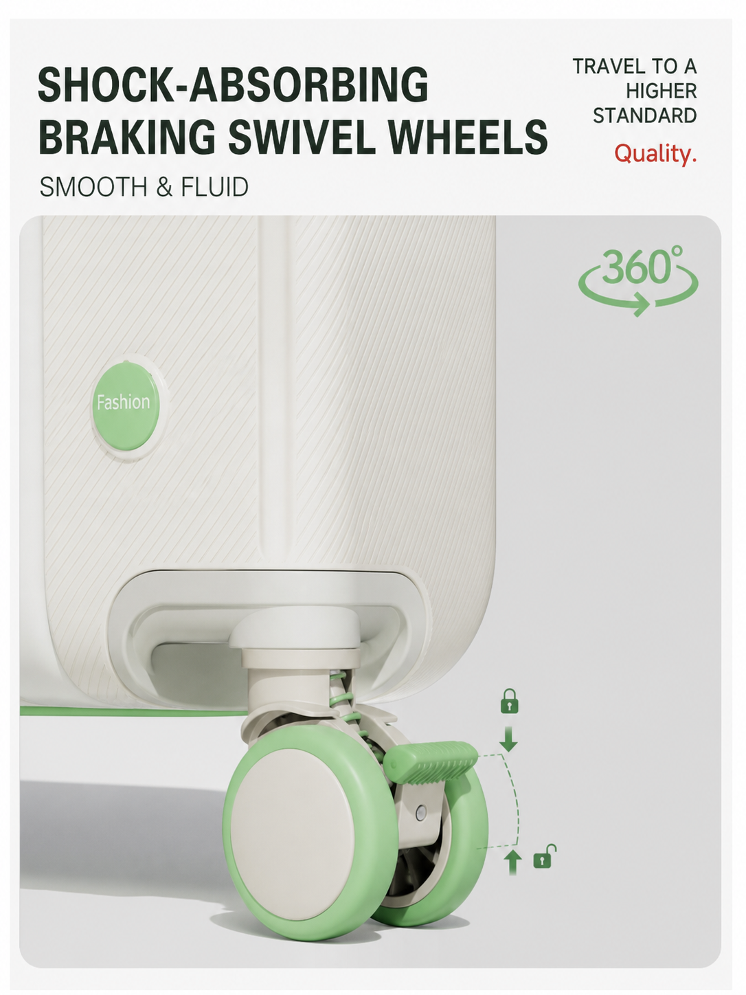 Shock-absorbing braking 360 degree swivel wheels