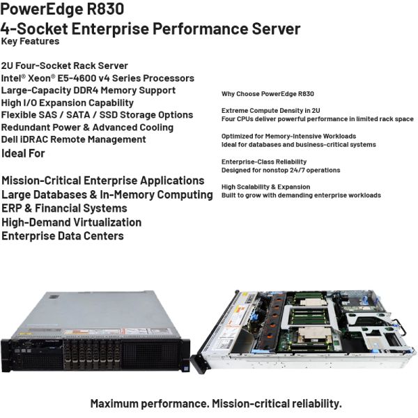 Dell EMC PowerEdge R830 4-socket 2U Rack Server with Intel Xeon E5-4600 v4 and 16 x 2.5" SAS/SATA/SSD