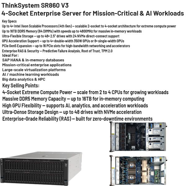 Lenovo ThinkSystem SR860 V3 4U Rack Server with 4th Gen Intel Xeon Scalable Processors and 16TB TruDDR5 Memory