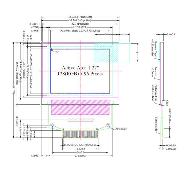 1.27 Inch AMOLED Display Module UG-2896GDEAF11 SSD1351 Controller 128x96 Passive Matrix 30 Pins ZIF Connection For Medical Device