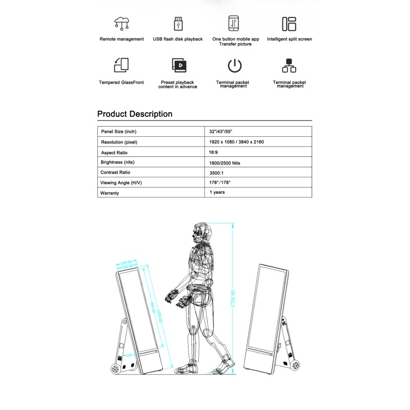 55 Inch IP65 Portable Digital Signage With Touch Interactive Features