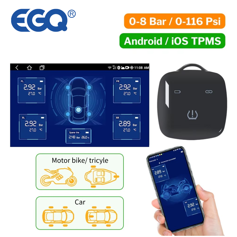 Car BL8 Wireless External TPMS Sensor with Chargeable Receiver Kechain and Mobile APP Compatible with Android & IOS