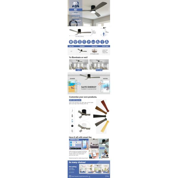 52" Flush Mounted Ceiling Fan with Light – 3 Solid Wood Blades, DC Motor