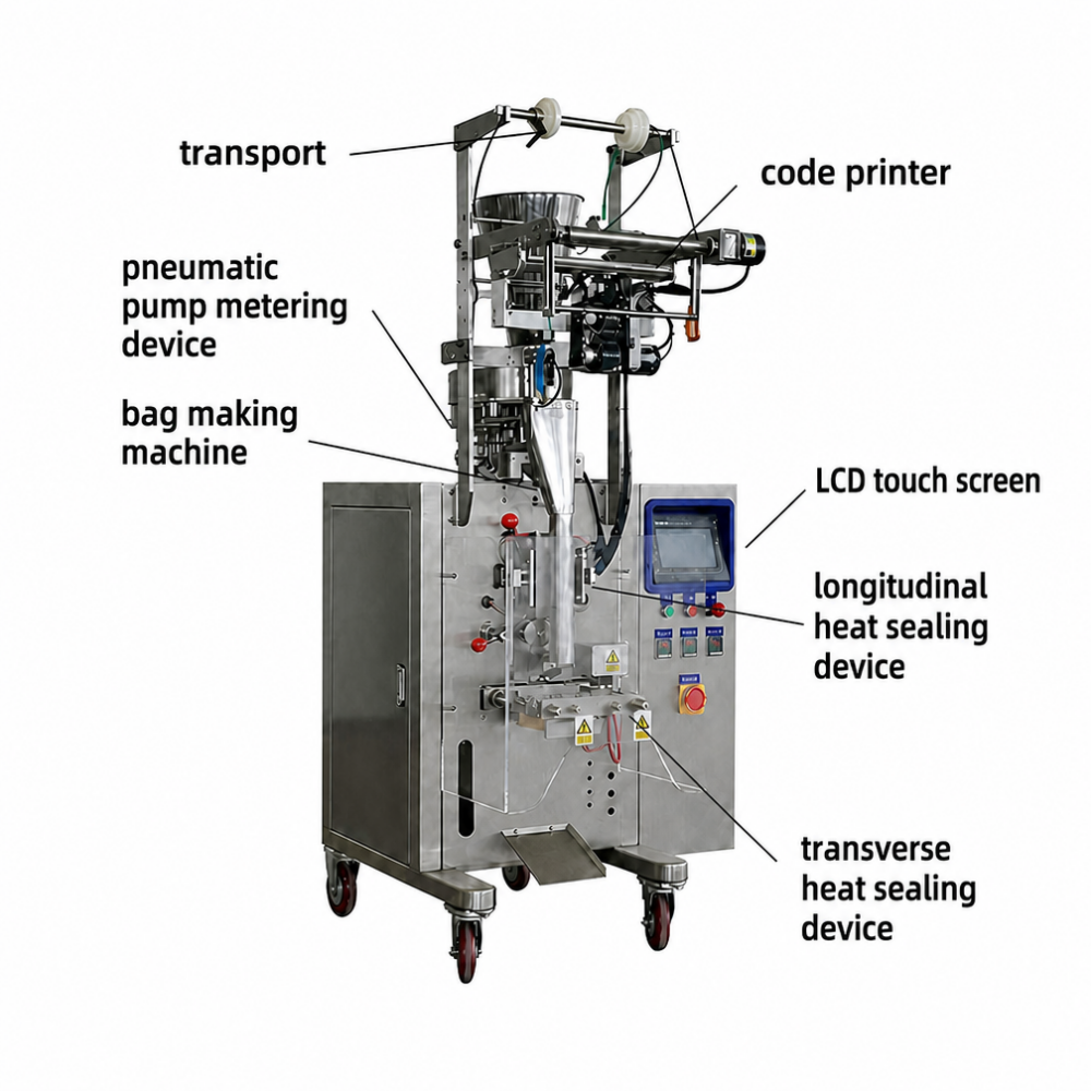Automatic ketchup pouch packing machine performing filling and sealing operations
