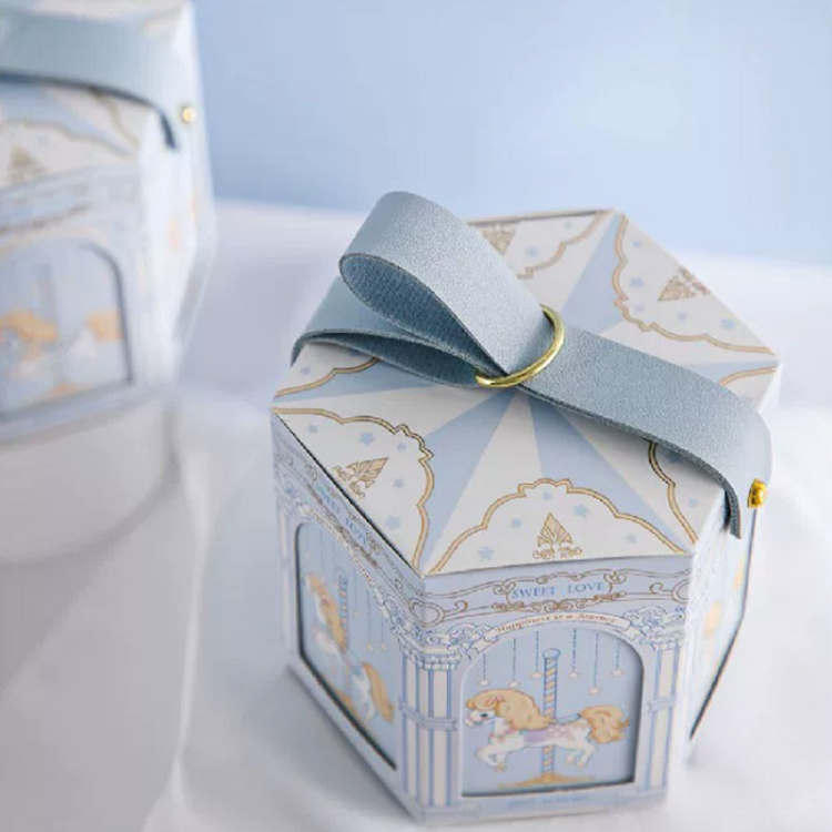 Hexagonal Paper Favor Boxes Strap Handle For Wedding Party Candy
