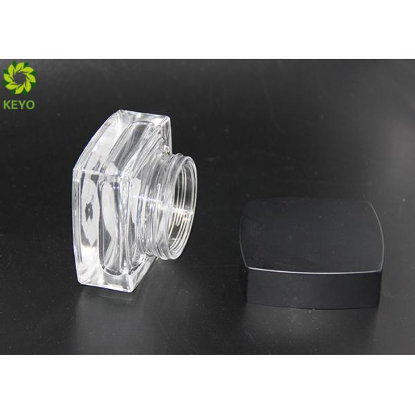 Clear Glass Cosmetic Cream Storage Jars Square Shape With Black Plastic Cap