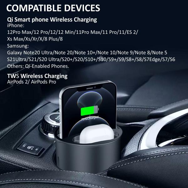Cup Car Wireless Charger With Convenient Wireless Charging & Cable Charging