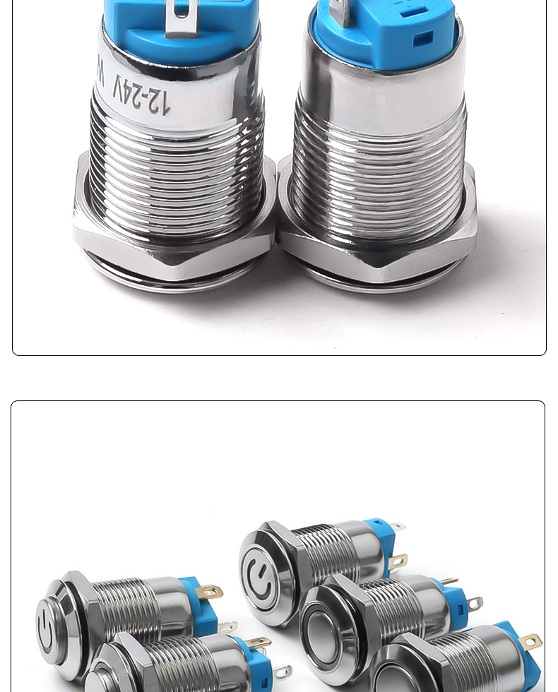 12mm Waterproof IP65 Push Button Switch Self-Locking 1NO High Level Flat Head/High Head On-Off Operation
