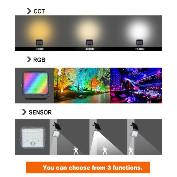 High Efficiency LED Flood Light with Adjustable Color Temperature Monocrystalline Solar Panel Optical PC Lens and Premium Brand LED Chips for Outdoor