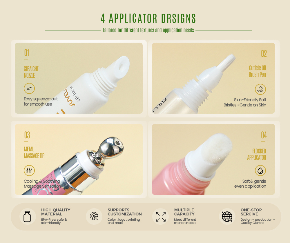 4 applicator designs for lip gloss and skincare tubes