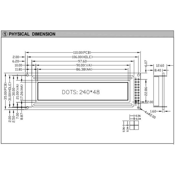 240*48 Graphic STN LCD Module With PCB Standoffs Backlight TS107/TS108 Industrial Display