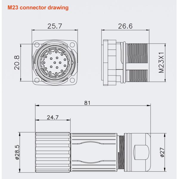 6 - 19 Pin M23 Connector Panel Mount Connector Square Circular Waterproof