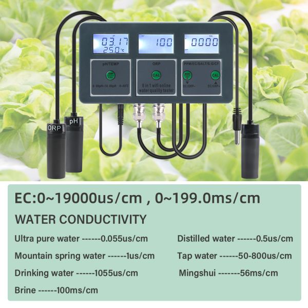 Smart Tuya WiFi 8 in 1 Digital PH Meter with Data Logger Function and DC6V Power Supply for Hydroponic and Landscaping Applications