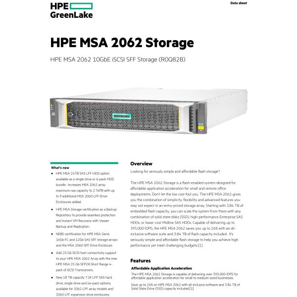MSA 2062 SAN Storage 10GbE iSCSI Dual Controller SFF Array