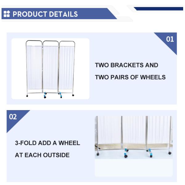 MN-PF001 4-Panel Foldable Hospital Bed Side Screen Stainless Steel Movable Screen