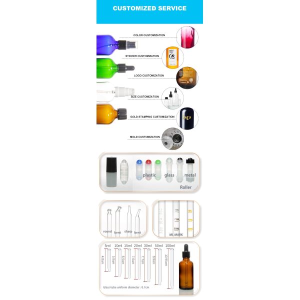 Custom Label 5ml 10ml 15ml 20ml 30ml 50ml 100ml Glass Rose Oil Dropper Bottle with Plastic Dropper Cap
