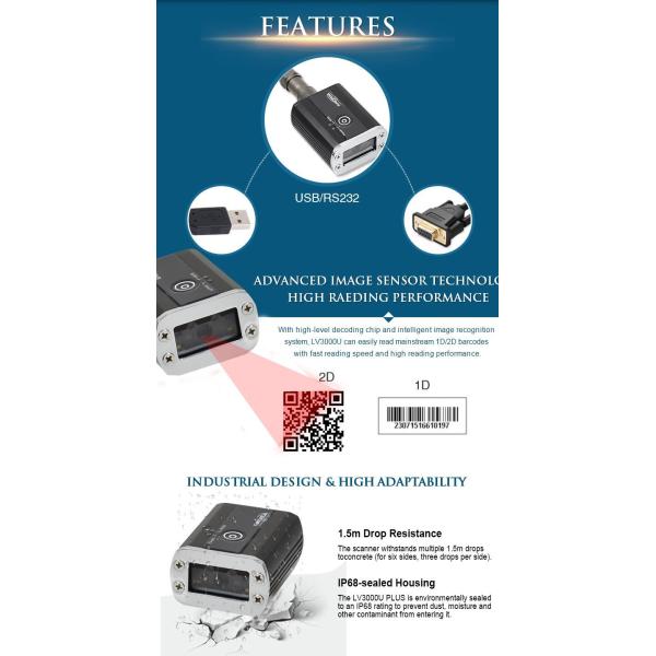 Industrial Mount Raspberry RS232 QR Usb Laser Barcode Scanner Fixed IP68 32 Bit