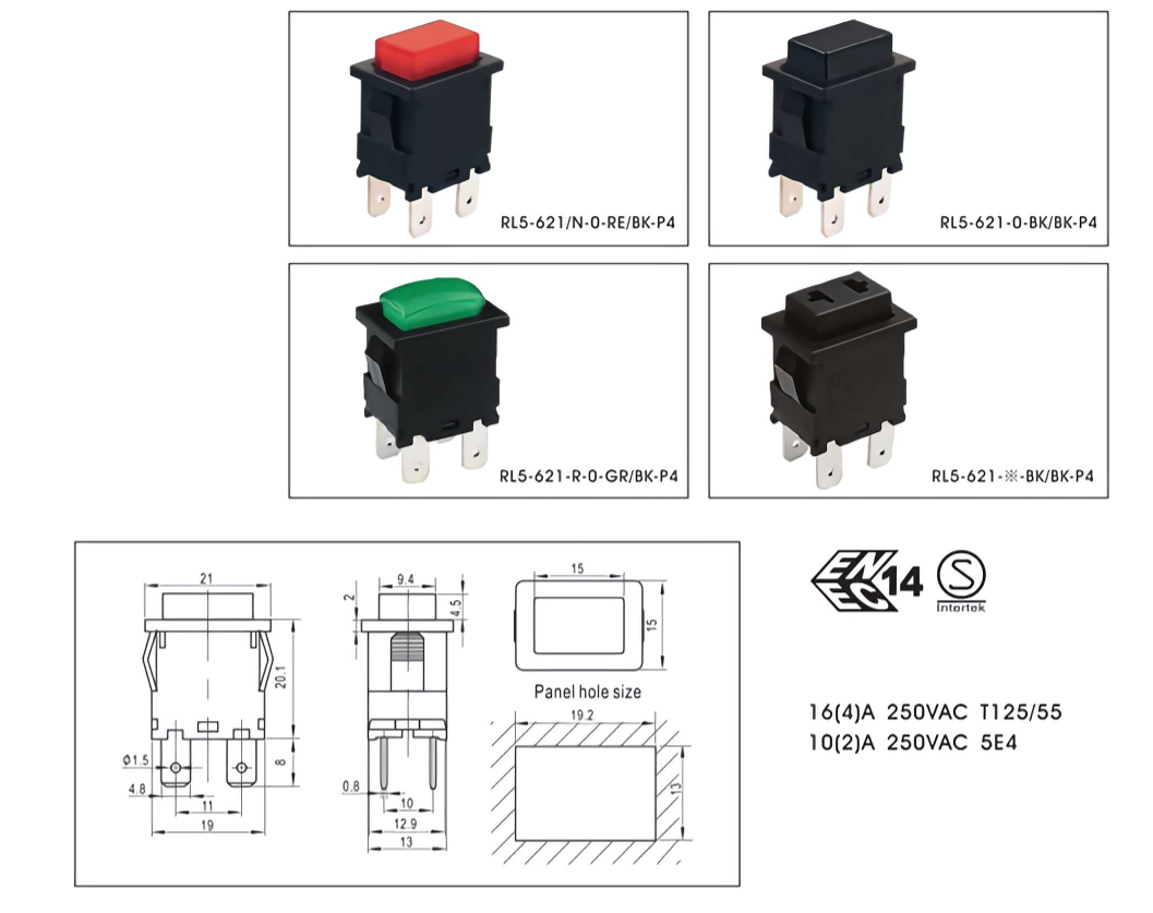 Durable Push Button Switch with 16A Max Current 250V Max Voltage and Plastic Enclosure