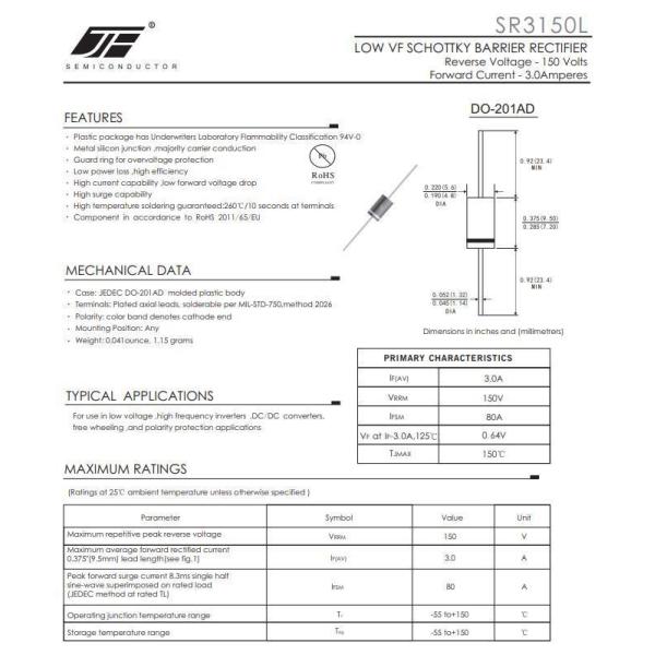 SR3150L Low Vf Schottky Barrier Rectifier Diode in Alloy Structure with DO-27 Package
