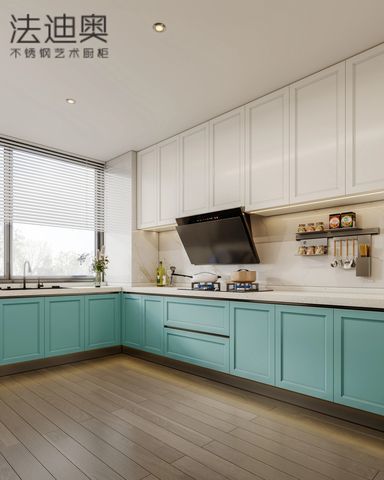 Fadior Stainless Steel Art Kitchen Cabinet - Turquoise & White Tone, L-Shaped Layout, Premium Hardware & Custom Storage - Revitalize your kitchen with the collectionâ€™s stainless steel art with room context