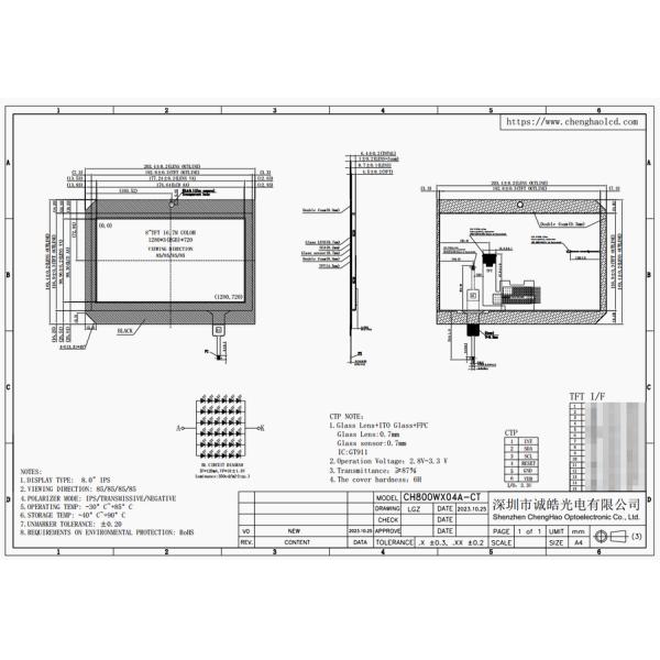 85/85/85/85 All Viewing Angle IPS TFT LCD Touch Screen 8 Inch 1280x720 Pixels