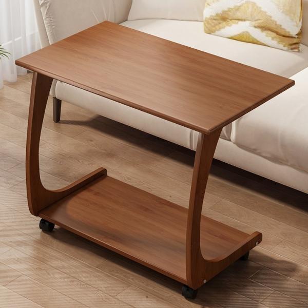 Rolling Study Desk Modern Bamboo Coffee Table Small Side for Sofa Couch and Bed 2 Layer Rack Working Station in Living Room