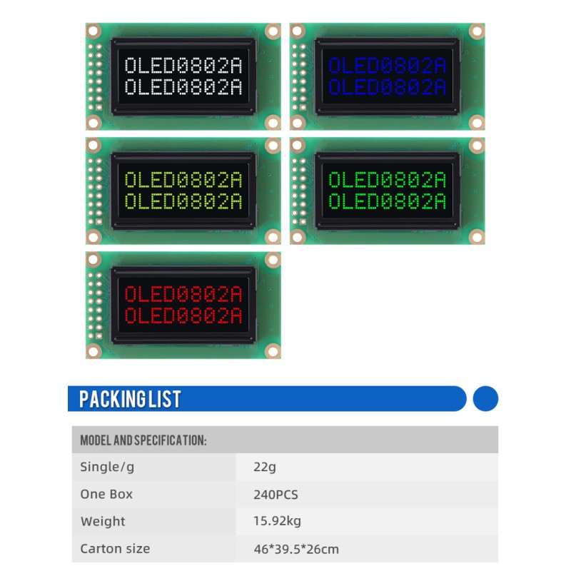 OLED0802A Character LCD Display Module, Black Film, WS0010 Controller, Parallel Port Interface, 58x32x10mm Working Temperature -40+80 Display