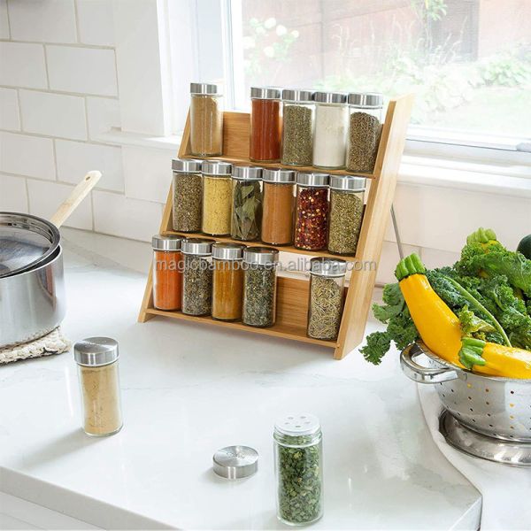 18 Jar Bamboo Spice Organizer Space-Saving Solution for Countertop and Kitchen Drawer
