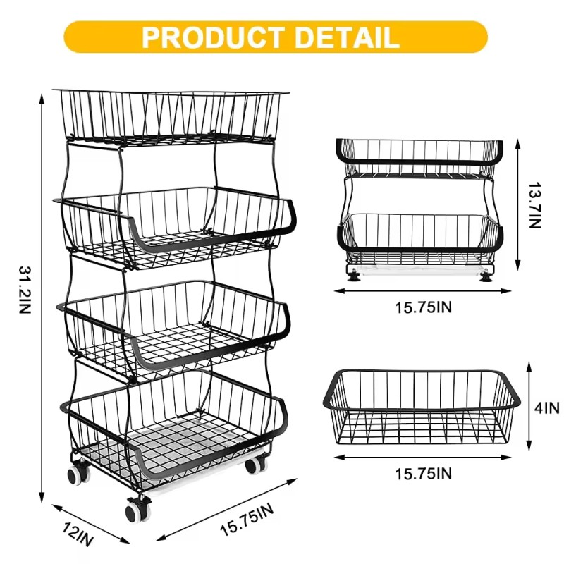 Wholesale 4 Tier Stackable Metal Wire Basket Storage Rack with Rolling Wheels Fruit Vegetable Organize Rack for Kitchen