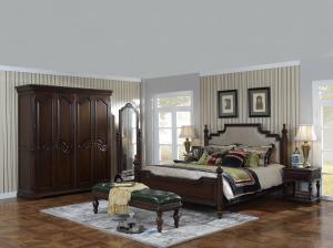 Quality Sandalwood Bedroom set Classic style BT-2902 High fabric Upholstered headboard Wooden king size bed with Cloth Wardrobe for sale