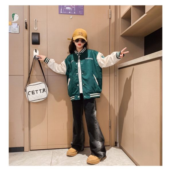 Spring Fall Trendy Children Clothing Windproof Round Collar Patchwork Baseball Jacket