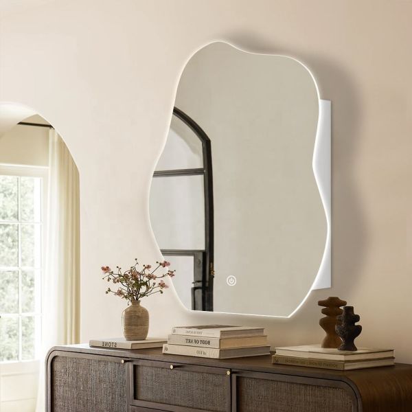 Irregular LED Light Mirror Cabinet Wall Mounted Side Lighted with Storage Compartment White Cabinet 4mm Silver Mirror